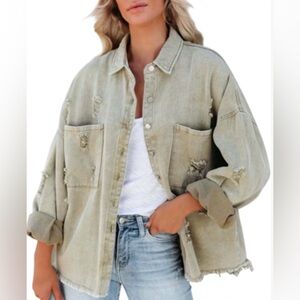 AND THE WHY Boutique Oversized Boho Distressed High Low Fringe Hem Shacket M